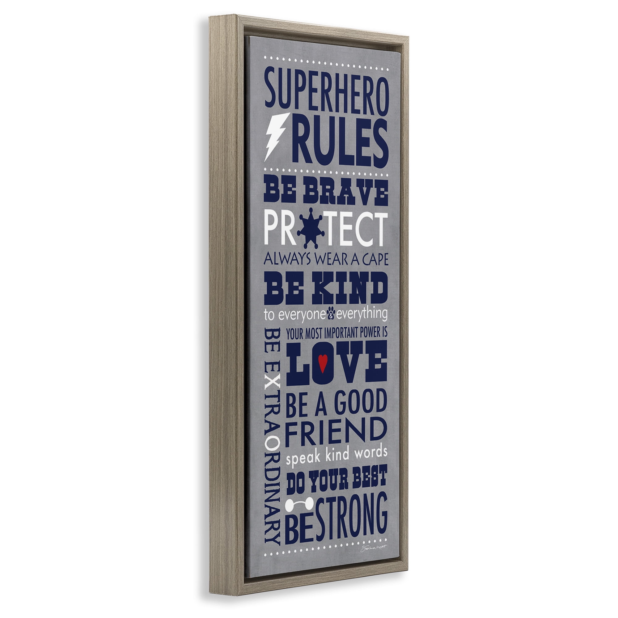 Stupell Industries Superhero Rules Typography Art for Kids Painting Brown Floater Framed Canvas Art Print Wall Art, 15 x 31