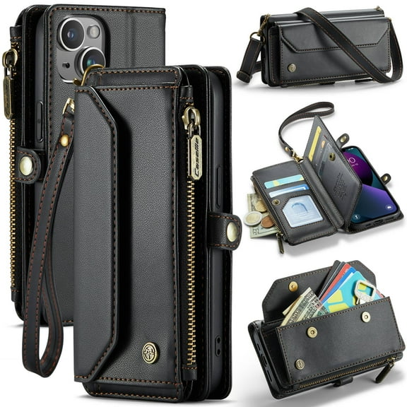 Crossbody for iPhone 13 Case Wallet【RFID Blocking】with 7-Card Holder Zipper Bills Slot, Soft PU Leather Magnetic Shoulder Wrist Strap for iPhone 13 Wallet Case Women