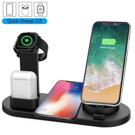 Wireless Charger, 4 in 1 Wireless Charging Dock for Apple Watch and Airpods, Charging Station for Multiple Devices, Qi Fast Wireless Charging Stand Compatible iPhone X/XS/XR/Xs Max/8/8 Plus (Best Way To Charge Multiple Devices)