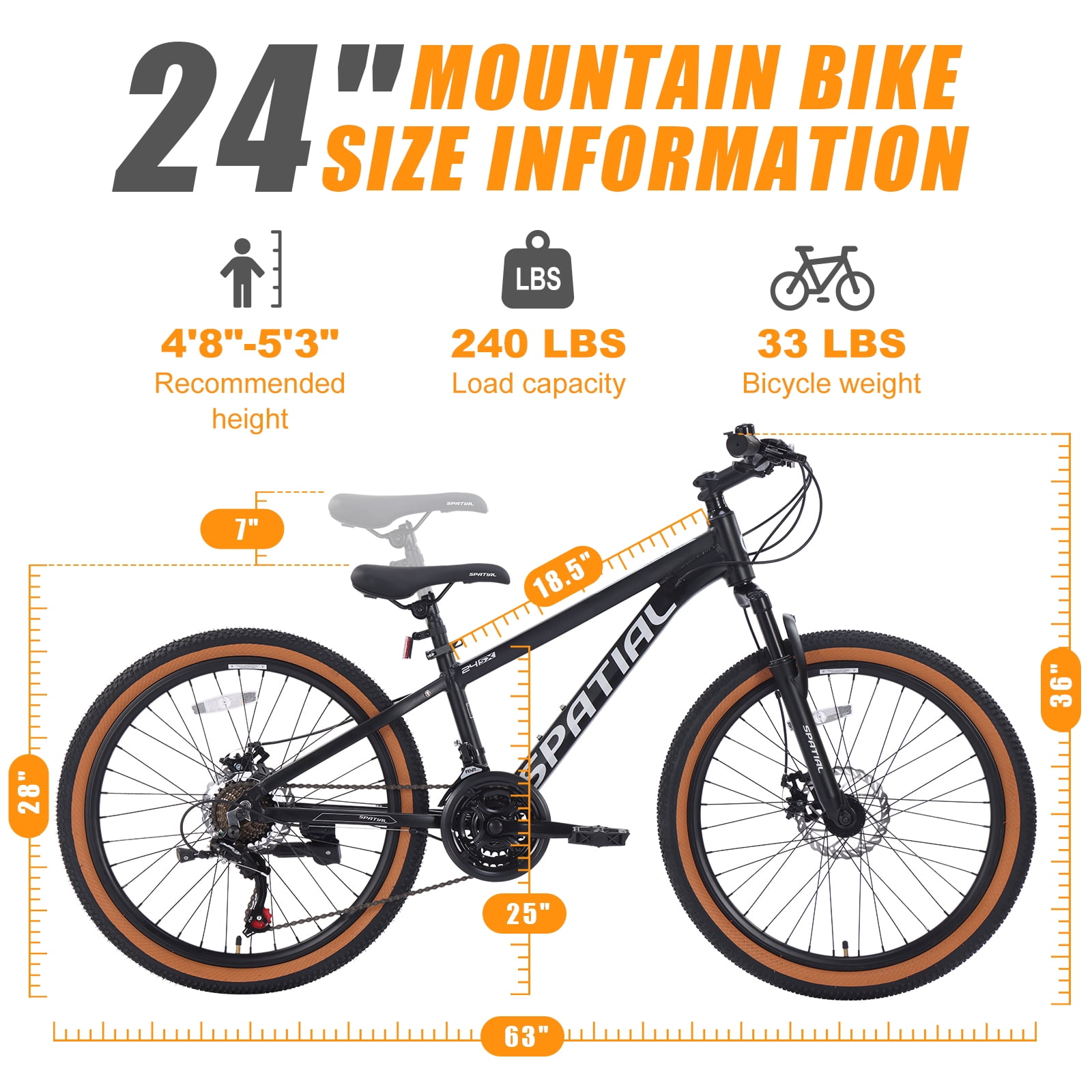 SPATIAL 24 inch Mountain Bike,21 Speeds Lightweight Aluminum Magensium Frame Mountain Bicycle,Fits Men Women Teenagers Adult Disc Brake MTB Bicycles,Black