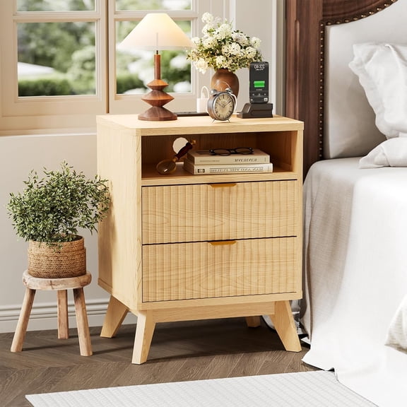 Modern Fluted Night Stand, Wood Nightstand with USB Ports and Outlets, 2 Drawers and Open Shelve, Bedside Table End Table for Living Room Bedroom
