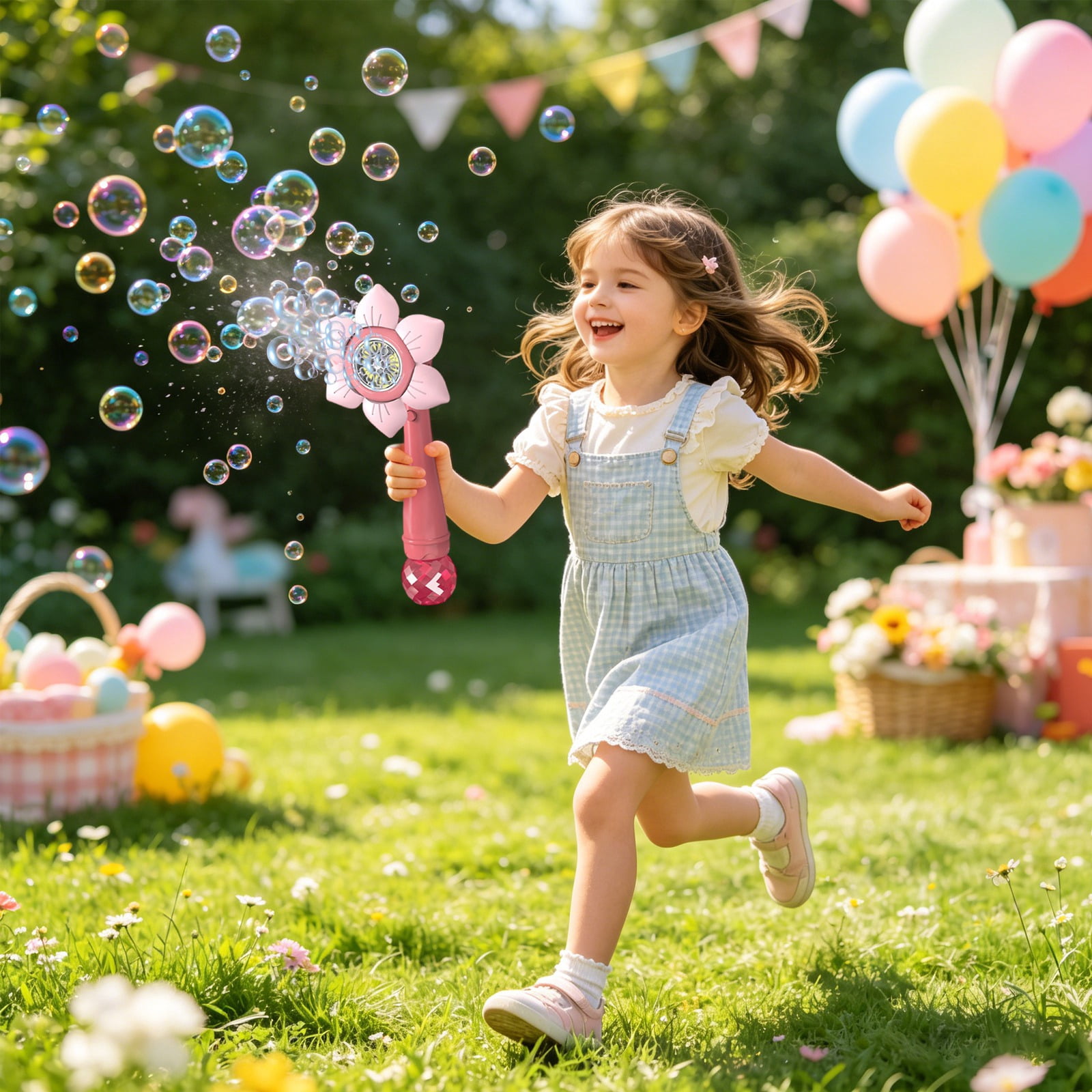 Sunflower Fully Automatic Bubble Machine, Snowflake Electric Bubble Blaster with Sound and Light, 360° Rotatable Portable Bubble Wand with 80ml Bubble Liquid for Outdoor Party Photo Prop