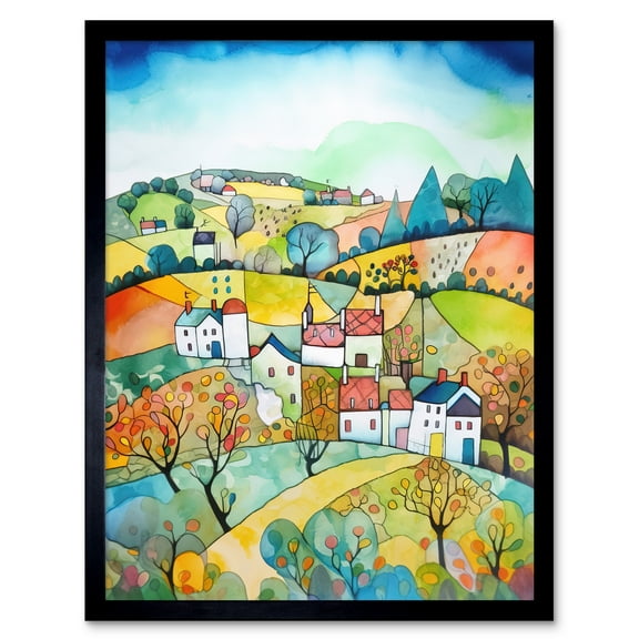 English Country Rural Landscape Folk Art Watercolour Painting Art Print Framed Poster Wall Decor 12x16 inch