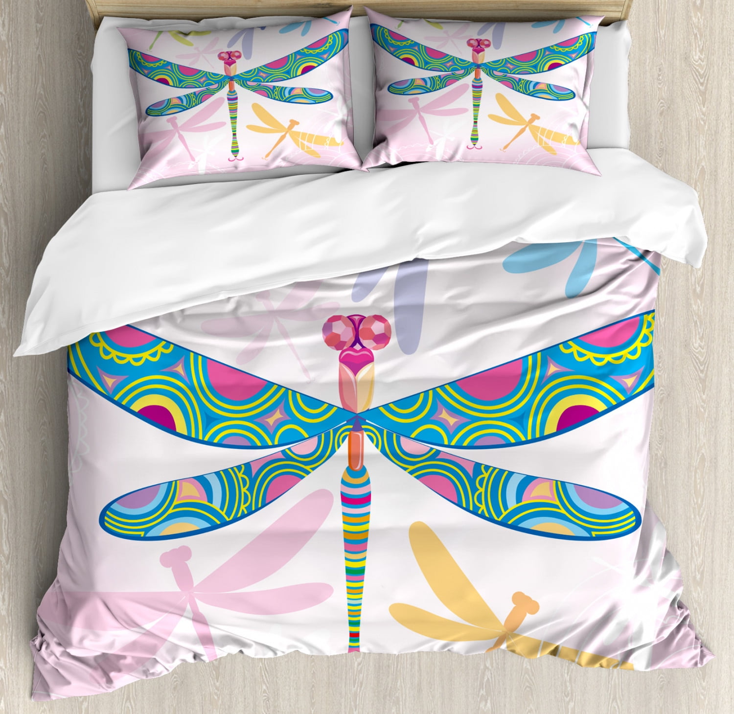 Dragonfly King Size Duvet Cover Set, Vibrant Dragonfly Kids Figure in