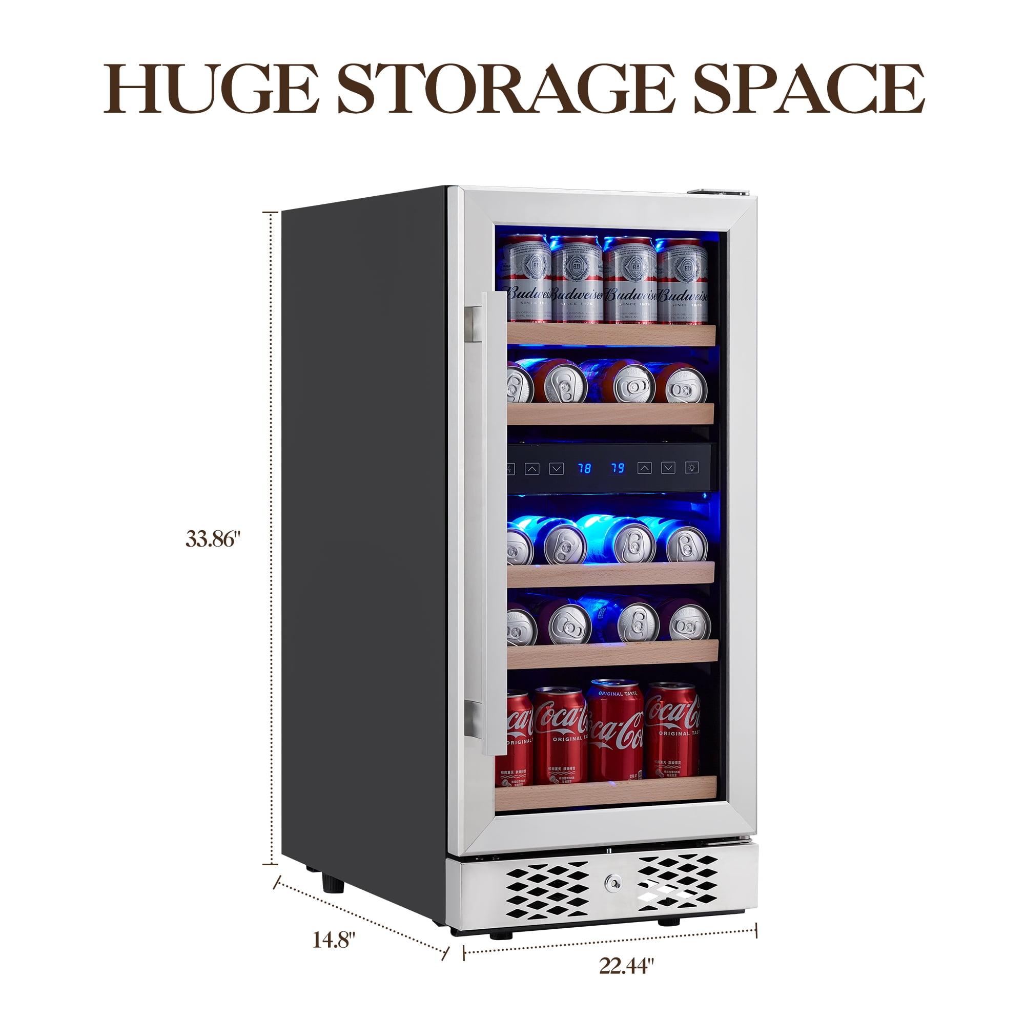 96 Can Beverage Refrigerator Cooler, Freestanding Small Mini Fridge in Stainless Steel with Digital Touch Screen, Low Noise Compressor Wine Refrigerator for Home, Office or Bar