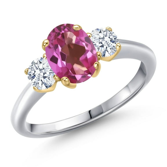 Gem Stone King 10K Two Tone Gold Pink Mystic Topaz and White Zirconia Engagement Ring for Women | 1.80 Cttw | Oval 8X6MM | Gemstone November Birthstone | Size 7