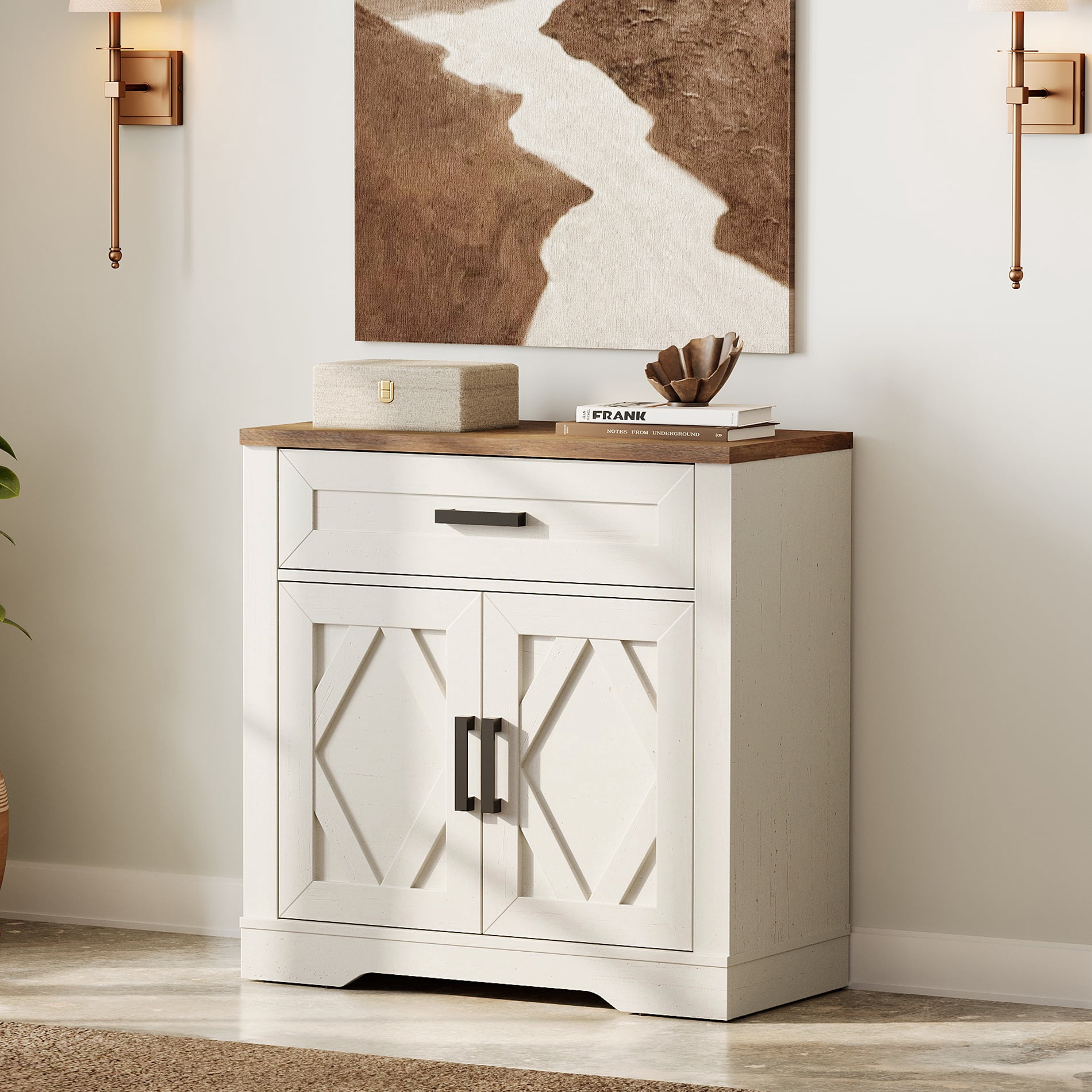 WAMPAT 31.5"W Farmhouse Buffet Sideboard with Barn Doors, Drawer & Storage, White