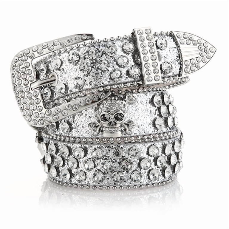 Rhinestone Belts for Women Men, Bling Studded Leather Skull  display picture 2