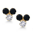 thumbnail image 2 of Gem Stone King 14K Yellow Gold Black Onyx and White Created Sapphire Three Stone Stud Earrings for Women (0.66 Cttw, Gemstone December Birthstone, Round 3MM), 2 of 4