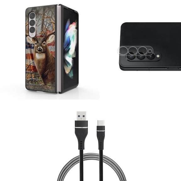 Accessory Bundle for Galaxy Z Fold 4: Slim Snap-On Case (American Deer Buck), Rear Camera Glass Protector, Nylon Braided USB-C to USB-A Cable (3 Feet)