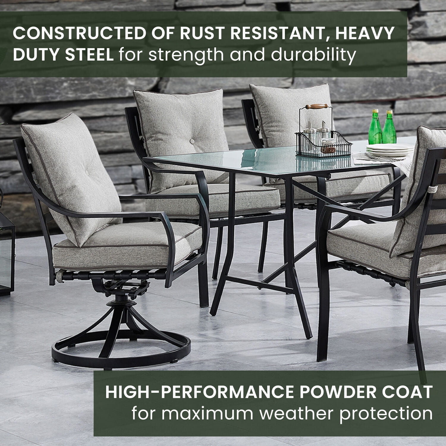 Hanover Lavallette 7-Piece Modern Outdoor Dining Set with Umbrella | 6 Cushioned Swivel Rocker Chairs | 66'' x 38'' Glass-Top Table | Weather Resistant Frame | Silver |LAVDN7PCSW-SLV-SU