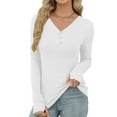 thumbnail image 4 of DAFPZW Women V-Neck Button Tight Top with Thumb Holes Solid Color Long Sleeve Slim-Fit Basic Tee Shirts Casual Fall Blouse, 4 of 9