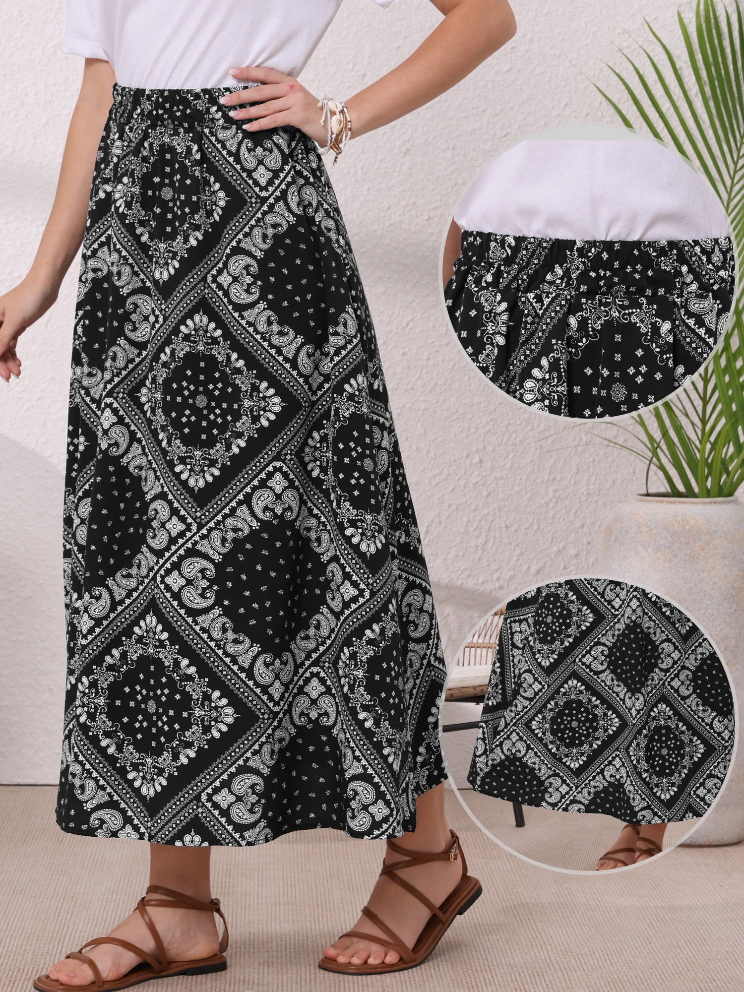 DARING DIVA Women's Paisley Print Elastic Boho Flowy Beach Skirt Medium Black