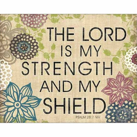 - Lord Is My Strength Psalm Burlap Abstract Floral Medallion Religious Typography Tan & Blue Canvas Art by Pied Piper Creative