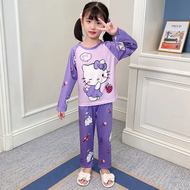Pijamas Kawaii Sanrio Hello Kitty Cinnamoroll Kuromi para niños y niñas, ropa de dormir de Anime, traje de Casa de dibujos animados, regalos de primavera y verano