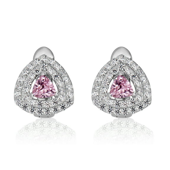 AVORA 925 Sterling Silver Pink Triangular Simulated Diamond CZ Halo Stud Earrings
