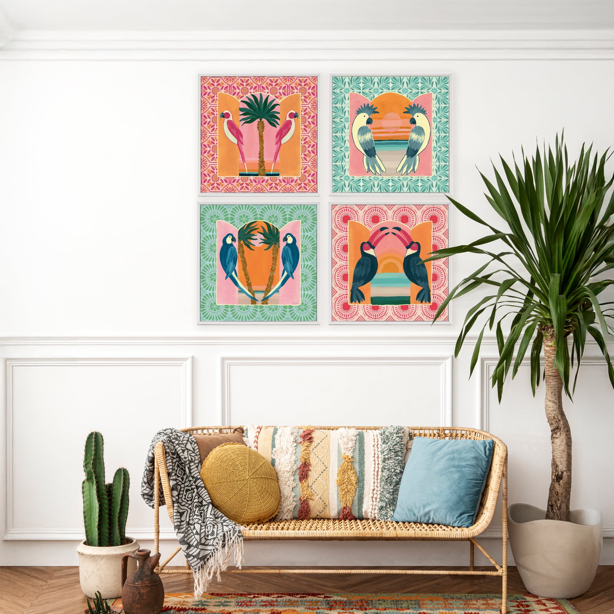 Stupell Industries Patterned Twin Bird Symmetry 4 Piece White Framed Giclee Art Set, design by Yvette St. Amant