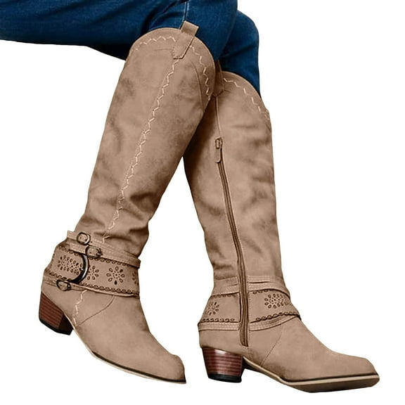Chunky Mid Heel Cowboy Boots for Women Classic Pointed Toe Vintage Laether Wide Calf Knee High Booties