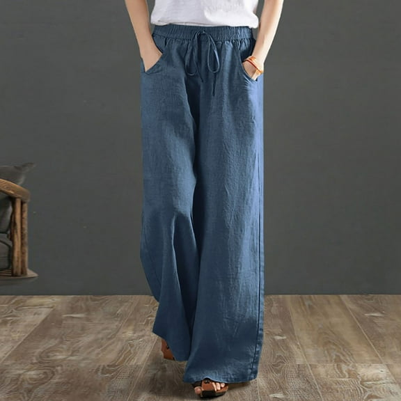 Babysbule Long Pants for Women Women's Cotton Linen Loose Drawstring Belt Casual Wide Leg Pants