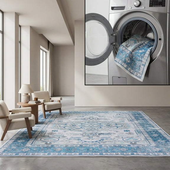 SAFAVIEH Arizona Merrilyn Oriental Machine Washable Area Rug, Beige/Blue, 5' x 8'