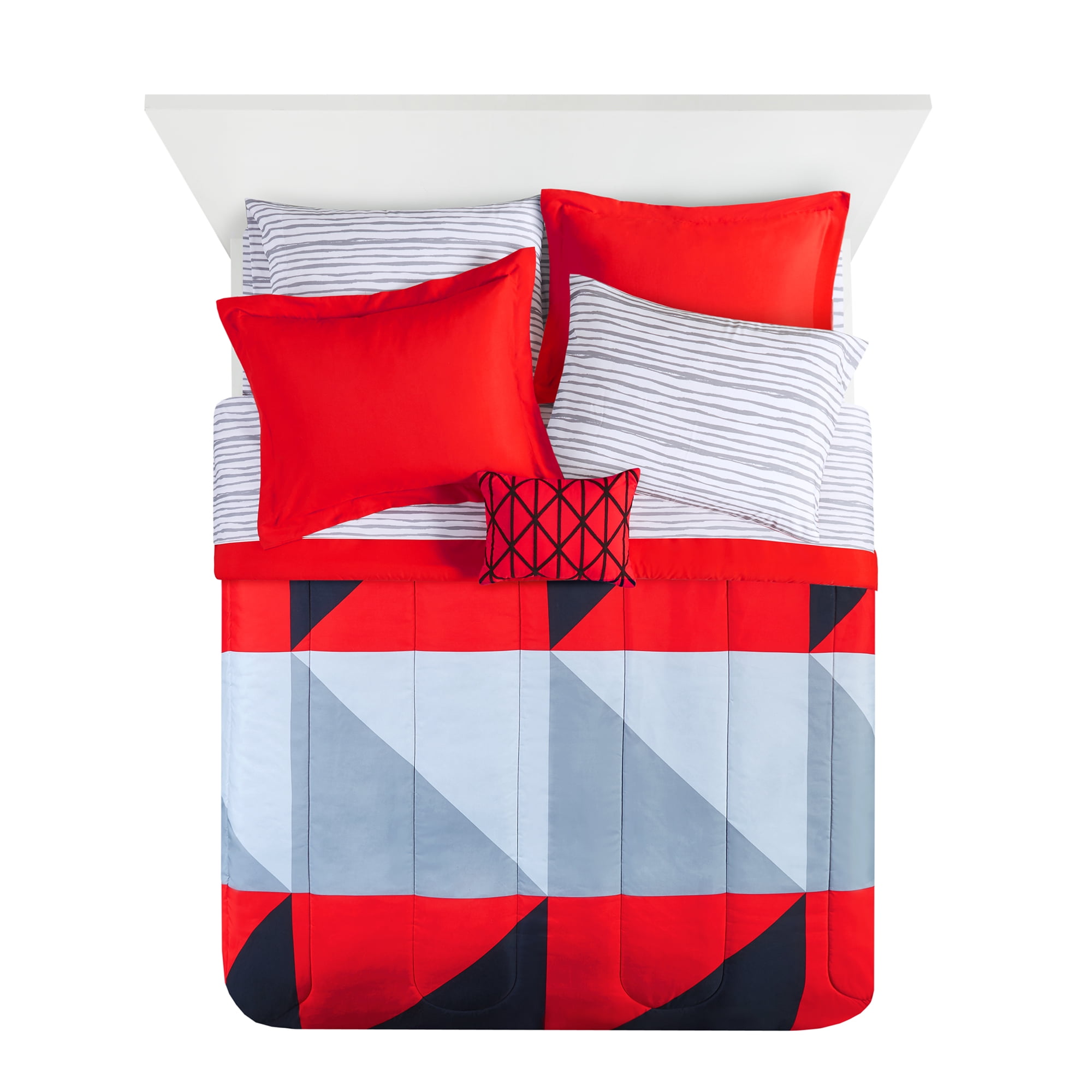 Mainstays Red and Black Geometric 8 Piece Bed in a Bag Comforter Set with Sheets, Full