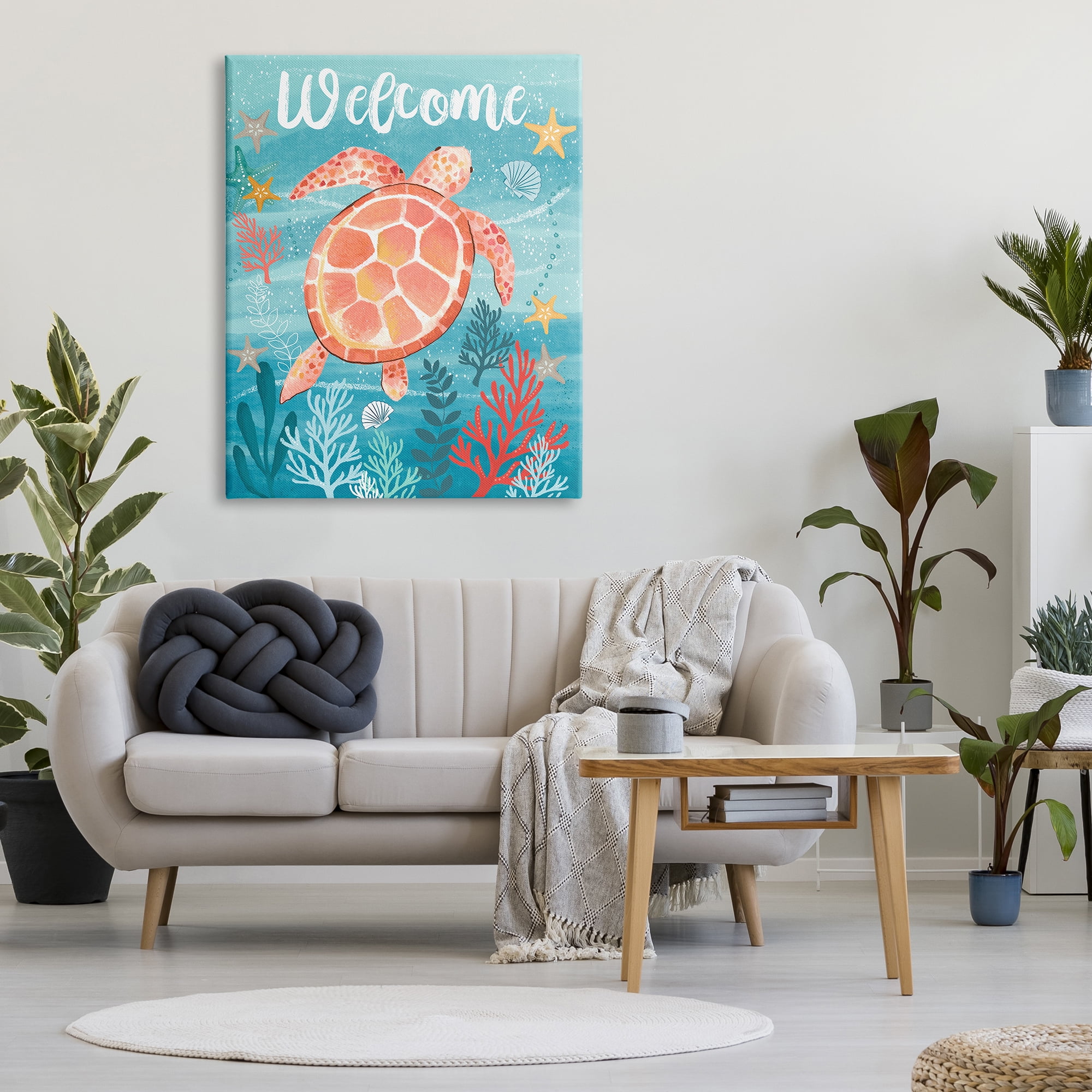 Stupell Industries Welcome Underwater Turtle Scene Animals & Insects Painting Gallery Wrapped Canvas Art Print Wall Art, 36 x 48