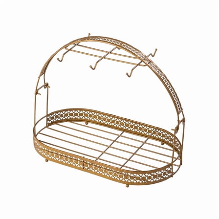 LEORX Elegant Golden Metal Tea Cup Display Stand with Hooks and Wire Basket for Neat Home Arrangement