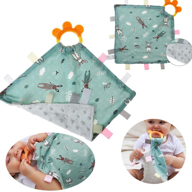 EASTIN Baby Tags Security Blankets Baby Soothing Plush Blanket with Colorful Tags& Teether