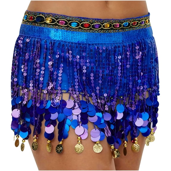 Felirenzacia Belly Dance Hip Scarf for Women, Thick Tassels Sequin Fringe Skirt, Blue,Free Size