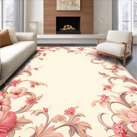 ODIKA 4'x6' Machine Washable Non-Slip Area Rug, Graceful Botanical Scroll with Traditional High Traffic Rug, Pink, 148039