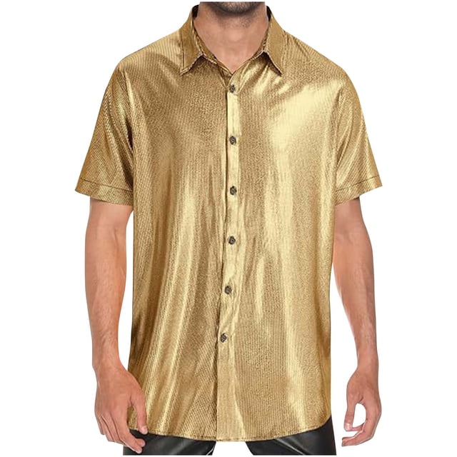Playera Elvqul Hombre Oro Casual Manga Corta Elástica sin Estampado Solapa Botones