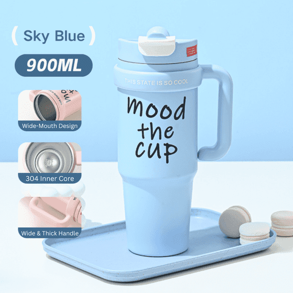 SPACEMUSE 32oz Stainless Steel Insulated Tumbler with Handle and Straw – Double Wall Insulated, Leak-Proof Travel Mug, Cup Holder Compatible(Blue)