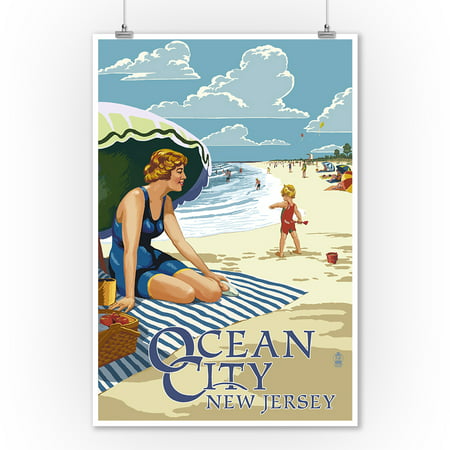 Ocean City, New Jersey - Woman on the Beach - Lantern Press Artwork (9x12 Art Print, Wall Decor Travel