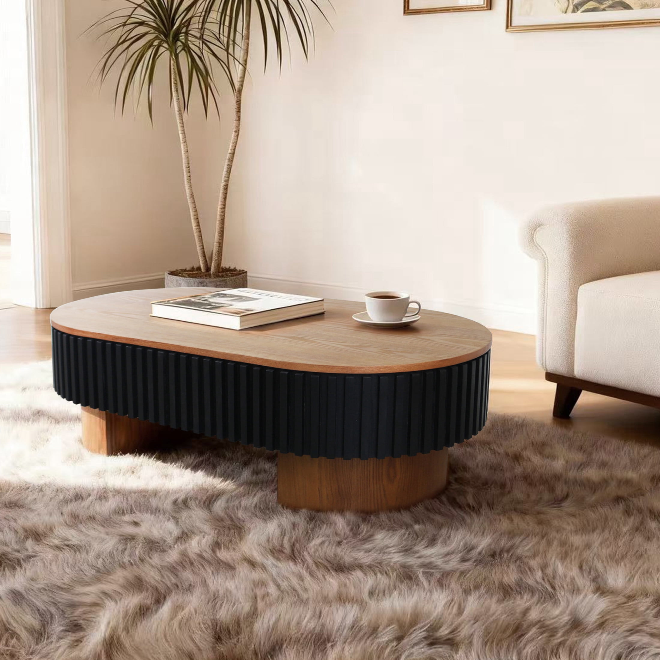 Noble House Mourade 44" Elliptical Coffee Table with Hidden Storage, Modern Fluted Mushroom Accent Table, Brown