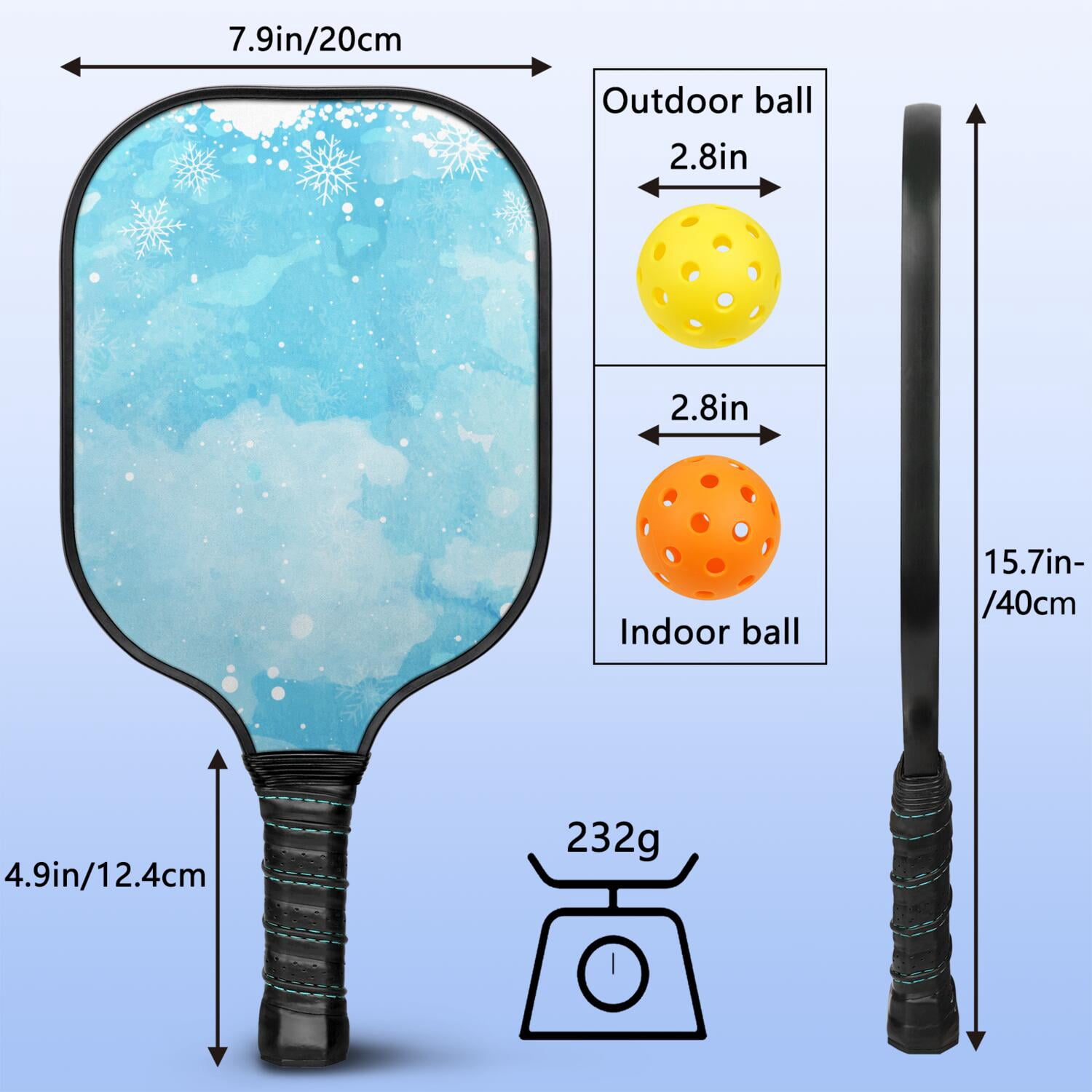 Pickleball Paddles Set Of 2, Fiberglass Surface, Ice Crystal Print, 4 Balls & Bag