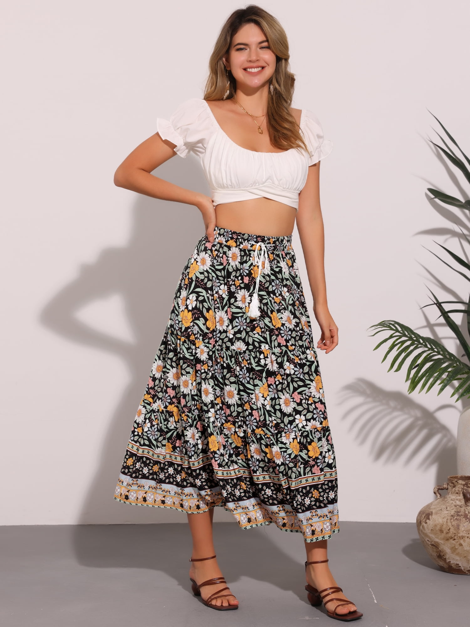 DARING DIVA Women's Bohemian Tassels Elastic Waist Floral Maxi Skirt M Black