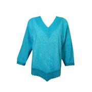 Mogul Womens Ethnic Top Summer Fashion V Neckline Long Sleeves Sky Blue Embroidered Blouse