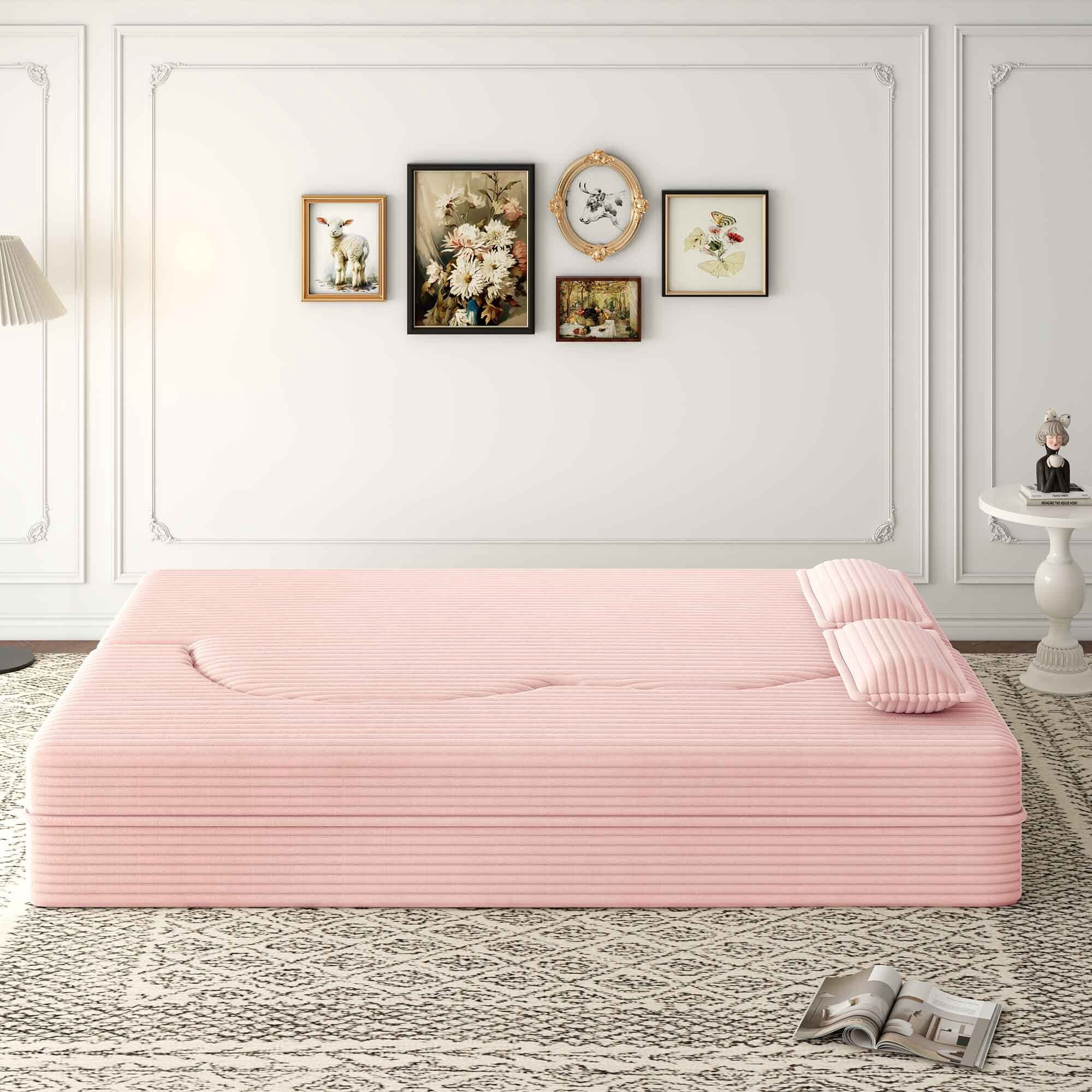 Lunale Full Size Convertible Sofa Bed, Boneless Cloud Couch, Folding Floor Sleeper Sofa for Living Room, Pink Corduroy