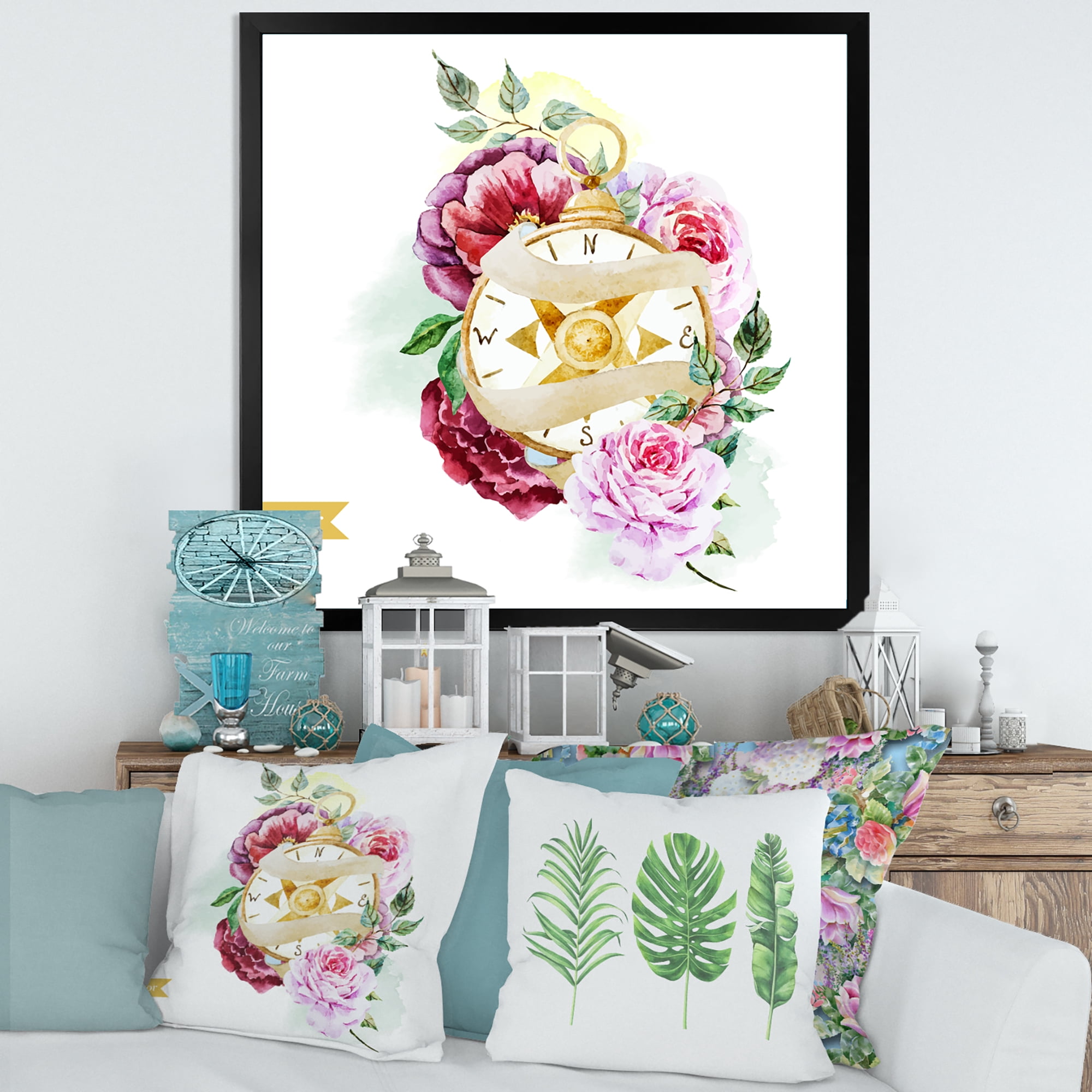 Designart 'Compass Among Flowers' Traditional Framed Art Print