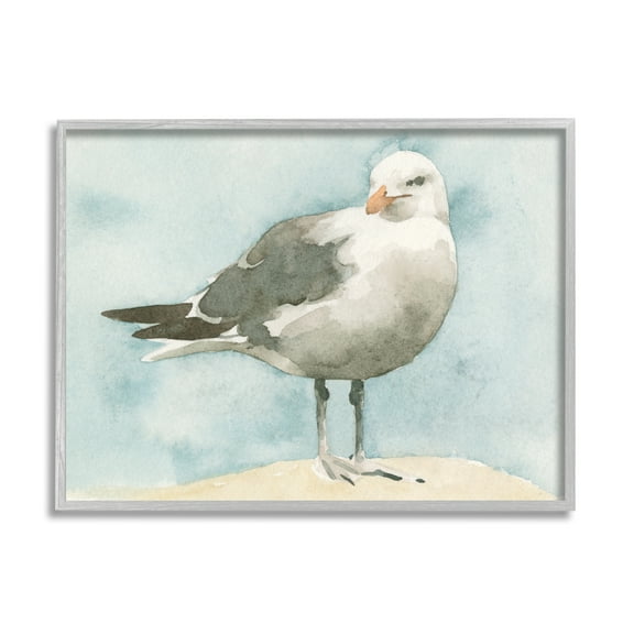 Stupell Industries Soft Focus Seagull On Waterfront Beige Blue Graphic Art Gray Framed Art Print Wall Art, 11x14, by Emma Caroline