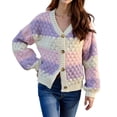 thumbnail image 3 of Womens Striped Chunky Cardigan Sweaters Button Up Fall Trendy Color Block Long Sleeve Knit Sweater Coats Purple XL, 3 of 9