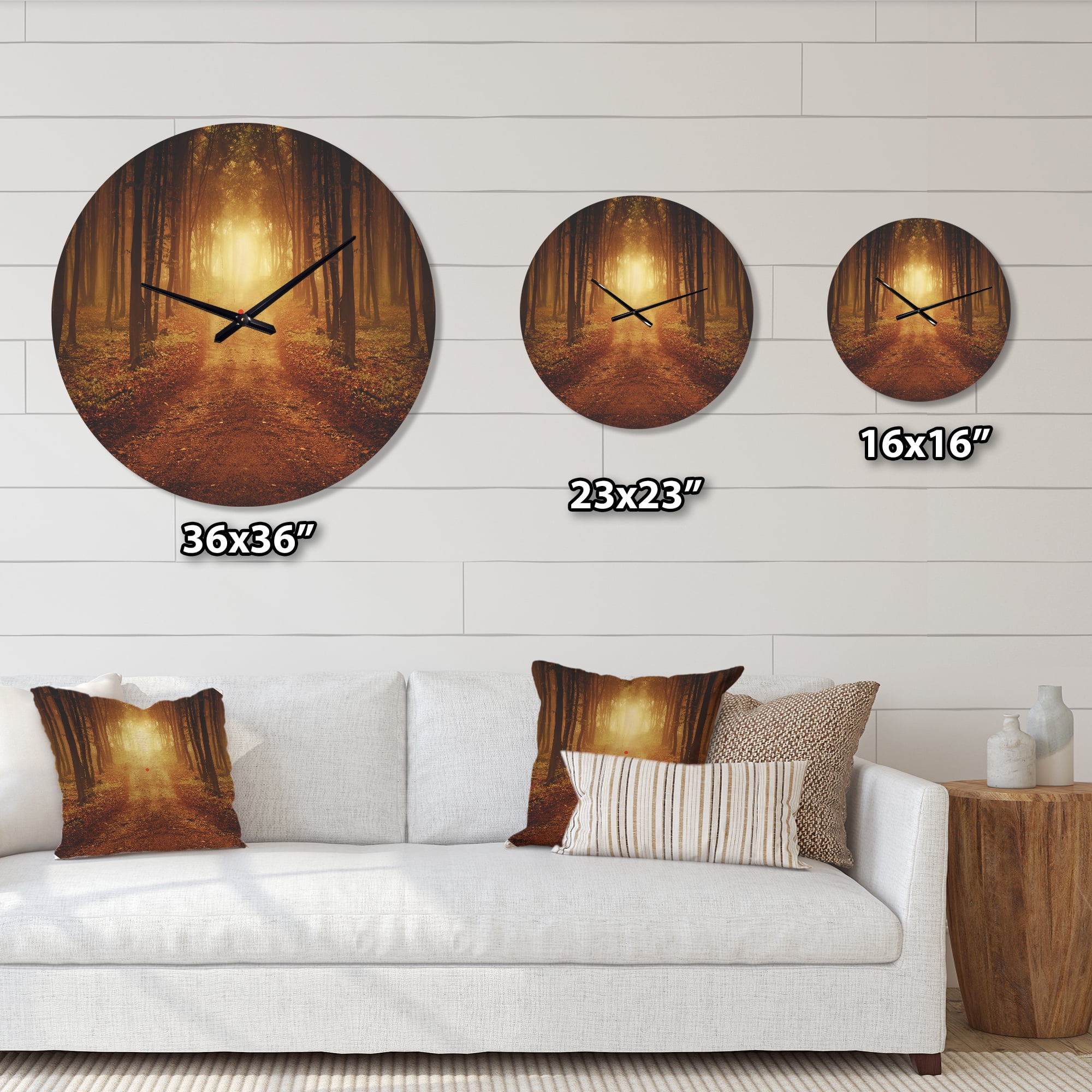 Designart 'Road in Symmetrical Forest During Sunset Light' Rustic Wood Wall Clock