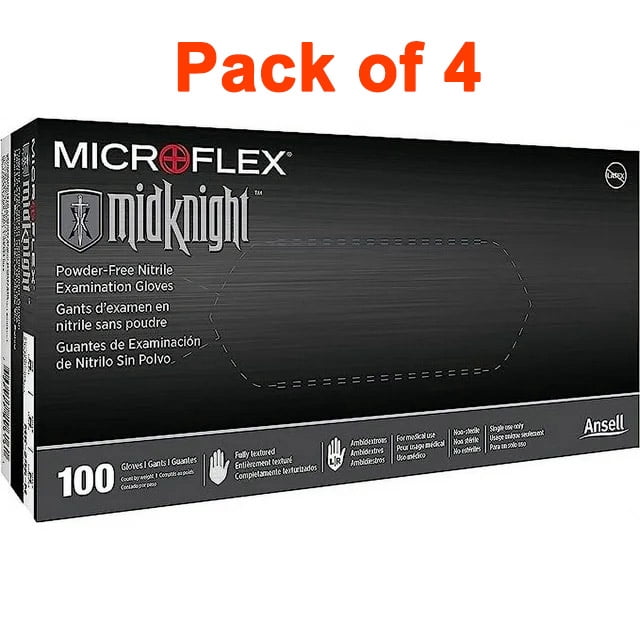 Microflex MidKnight MK-296 Nitrile Disposable Gloves Powder-Free - Ideal for Automotive, Laboratory, Machinery, Healthcare, Work, Cooking & Industrial Usage - Large - 100 Gloves - Black - Pack of 4