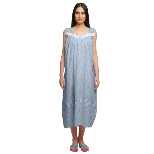 Moomaya Chemise de Nuit Mi-Longue Imprimée pour Femmes à Patte de Boutonnage en Coton