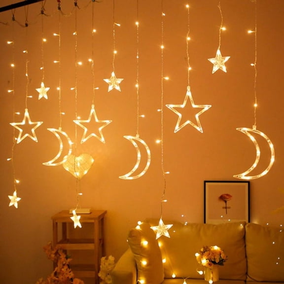 LED Curtain String Lights, Star and Moon Fairy Lights, Hanging String Lights for Bedroom Birthday Wedding Christmas Party Garden Indoor Outdoor Decoration