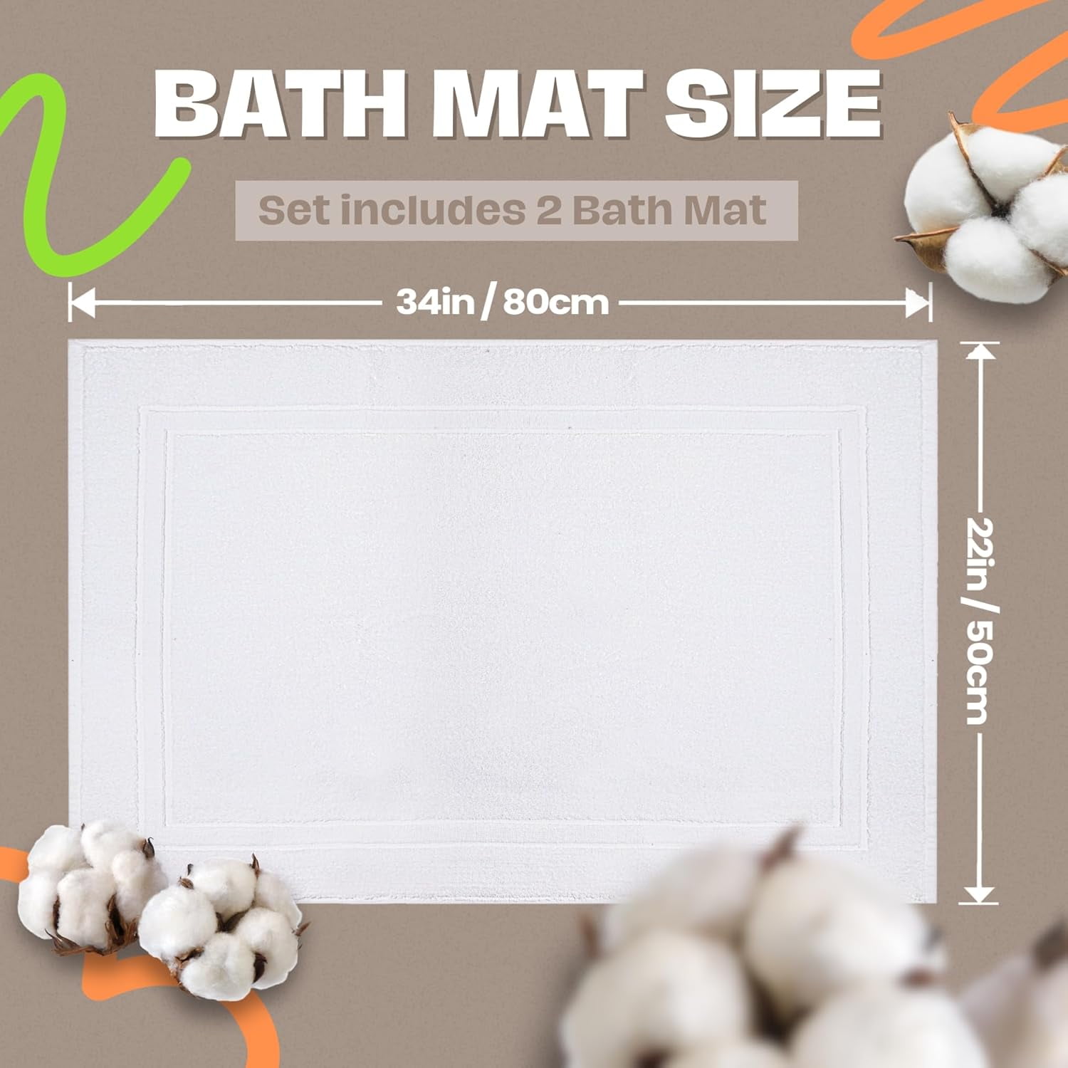 Premium Cotton Banded White Bath Mats Pack of 2, 22x34 inches [Not a Bathroom Rug] - Infinitee Xclusives