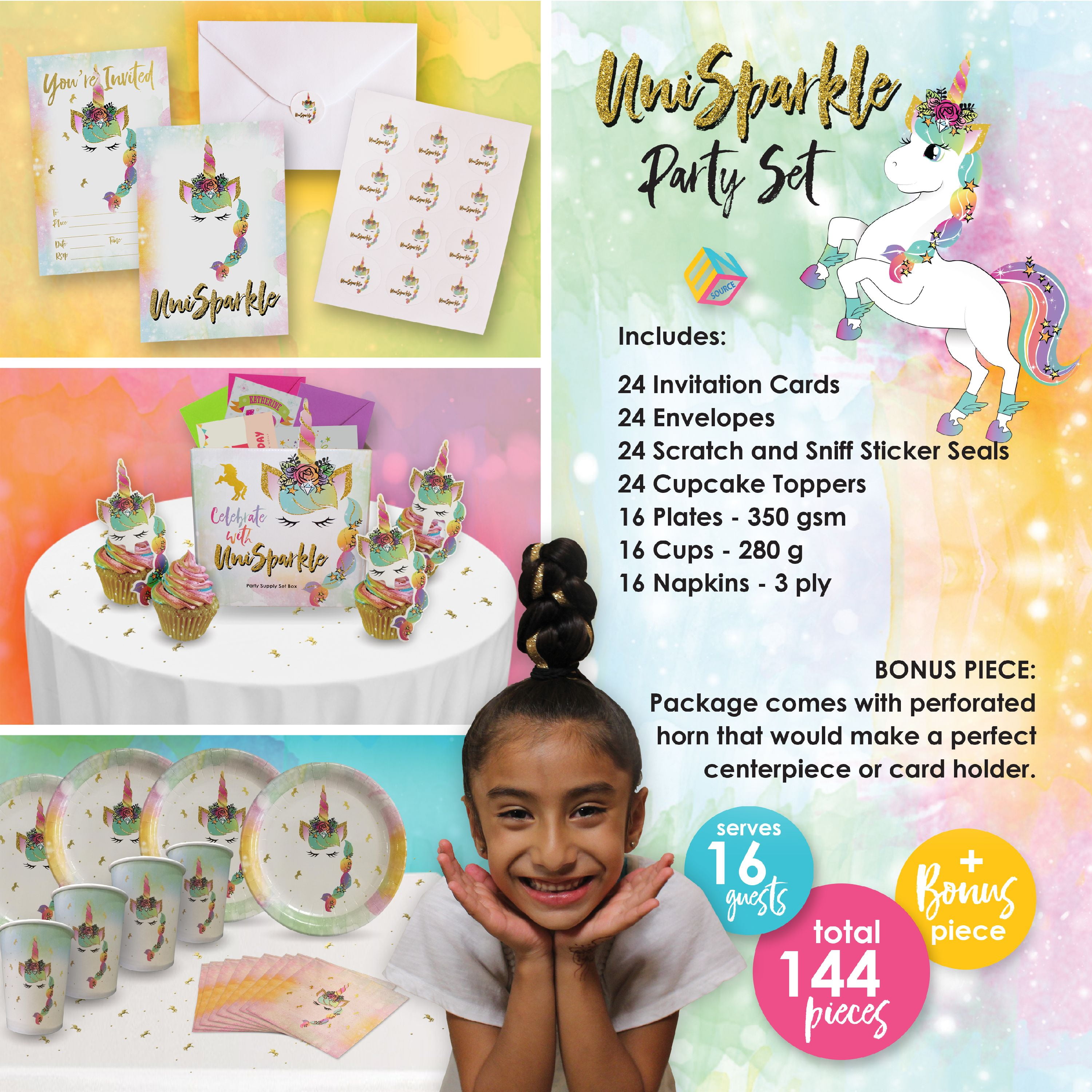 Cupcake Toppers Cups Scratch and Sniff Sticker Seals Unicorn Party Supplies| Invitation Cards w//Envelope 144 pieces of Magical Decorations and Tableware Perfect for All Occasions Paper Plates Napkins