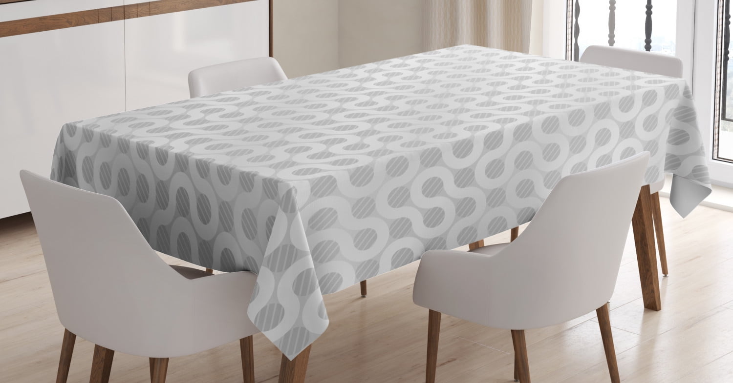 Grey and White Tablecloth, Abstract Circling Wavy Geometric Round Oval Knot Pattern Simple Flow