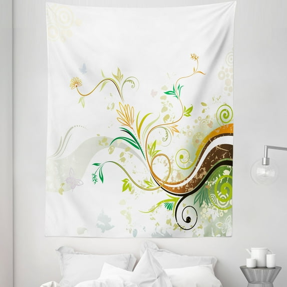 Floral Tapestry, Abstract Modern Flowers Ivy Leaves Buds Blossoms Wavy Lines Print, Fabric Wall Hanging Decor for Bedroom Living Room Dorm, 5 Sizes, Earth Yellow Burgundy, by Ambesonne