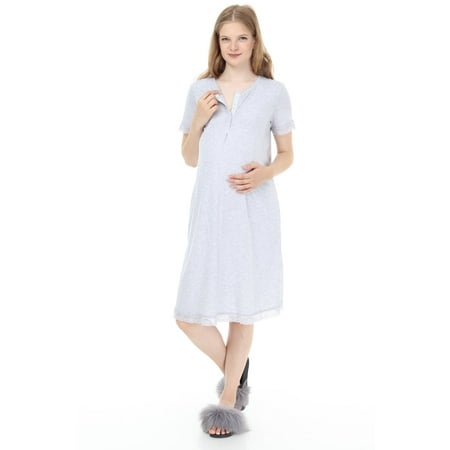

LVMA9590 - Women s Gray Maternity Nursing nightgown with Lace detail Soft Short-Sleeved Sleepwear